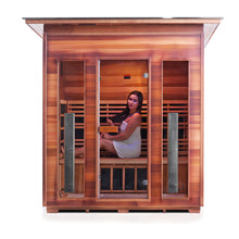 Load image into Gallery viewer, Enlighten Sauna Rustic 4 Person Slope Roof front facing view with woman inside