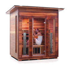 Load image into Gallery viewer, Enlighten Sauna Rustic 4 Person Slope Roof right facing view with woman inside