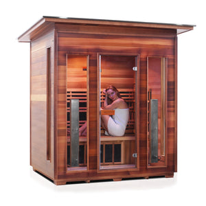 Enlighten Sauna Rustic 4 Person Slope Roof right facing view with woman inside
