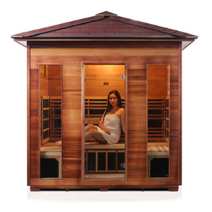 Enlighten Sauna Rustic 5 Person Peak Roof front facing view with woman inside