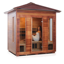 Load image into Gallery viewer, Enlighten Sauna Rustic 5 Person Peak Roof right facing view with woman inside