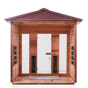 Enlighten Sauna Rustic 5 Person Peak Roof with back panel removed showing the inside from a back facing view 