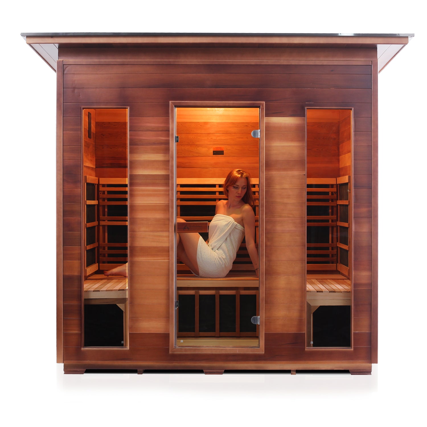Enlighten Sauna Rustic 5 Person Slope Roof front facing view with white background and woman inside