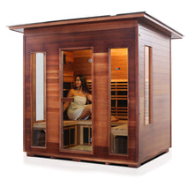 Load image into Gallery viewer, Enlighten Sauna Rustic 5 Person Slope Roof facing left with woman inside