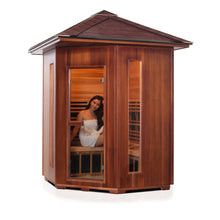 Load image into Gallery viewer, Enlighten Sauna Rustic 4 Person Corner Sauna right facing view with woman inside, white background