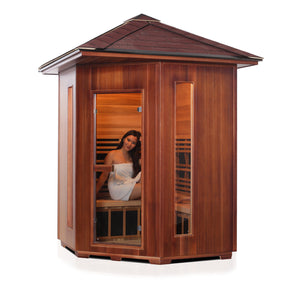 Enlighten Sauna Rustic 4 Person Corner Sauna right facing view with woman inside, white background