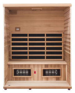 Health Mate - Renew III Infrared Sauna front facing view with front panel removed showing the inside structure