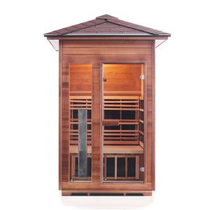 Enlighten Sauna Rustic 2 Person Peak Roof straight front view in white background