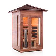 Load image into Gallery viewer, Enlighten Sauna Rustic 2 Person Peak Roof Front view facing right in white background