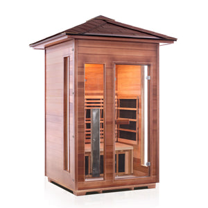 Enlighten Sauna Rustic 2 Person Peak Roof Front view facing right in white background