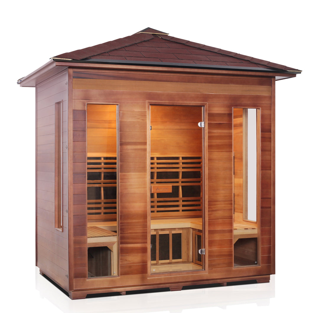 Enlighten Sauna Rustic 5 Person Peak Roof facing right with white background