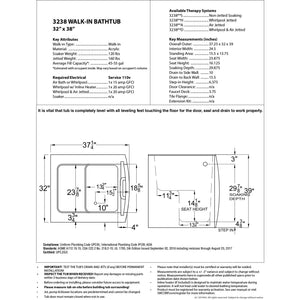 MediTub Walk-In 32 x 38 Right Door White Soaking Walk-In Bathtub - 3238RWS