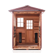 Load image into Gallery viewer, Enlighten Sauna Sierra 3 Person Peak Roof with front panel removed showing the inside structure