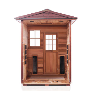 Enlighten Sauna Sierra 3 Person Peak Roof with front panel removed showing the inside structure