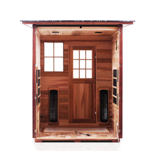 Enlighten Sauna Sierra 3 Person Slope Roof with back panel removed showing the inside structure