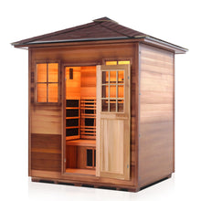 Load image into Gallery viewer, Enlighten Sauna Sierra 4 Person Peak Roof facing left with door open, white background