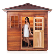 Load image into Gallery viewer, Enlighten Sauna Sierra 5 Person Peak Roof facing front, woman inside with door open