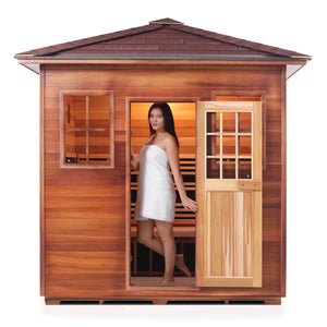 Enlighten Sauna Sierra 5 Person Peak Roof facing front, woman inside with door open