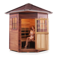 Load image into Gallery viewer, Enlighten Sauna Sierra 4 Person Corner Sauna with Peak Roof, woman inside with the door open