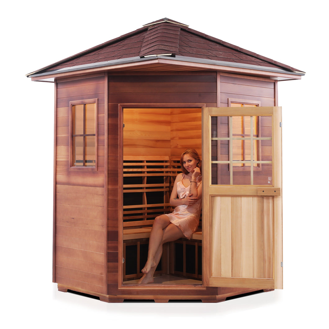 Enlighten Sauna Sierra 4 Person Corner Sauna with Peak Roof, woman inside with the door open