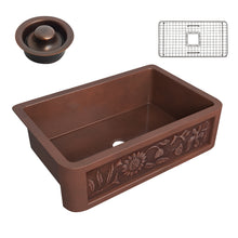 Load image into Gallery viewer, Anatolian Farmhouse Handmade Copper 33 in. 0-Hole Single Bowl Kitchen Sink with Sunflower Design Panel in Polished Antique Copper