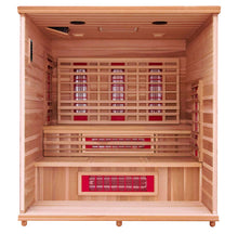 Load image into Gallery viewer, Health Mate Elevated Bi Level Infrared Sauna with front panel removed showing the inside bi level sauna bench set up