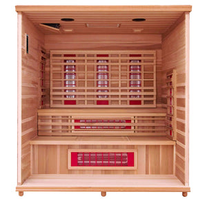 Health Mate Elevated Bi Level Infrared Sauna with front panel removed showing the inside bi level sauna bench set up