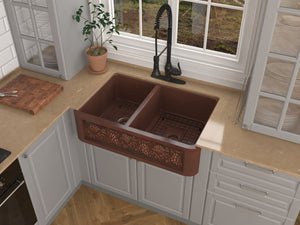 Dalmatia Farmhouse Handmade Copper 33 in. 40/60 Double Bowl Kitchen Sink with Grape Vine Design in Polished Antique Copper