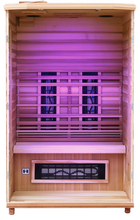 Load image into Gallery viewer, Health Mate Enrich 2 Infarared Sauna with front panel removed showing inside structure, purple chromotherapy color