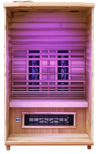 Health Mate Enrich 2 Infarared Sauna with front panel removed showing inside structure, purple chromotherapy color