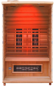 Health Mate Enrich 2 Infarared Sauna facing front with front panel removed showing inside structure, red chromotherapy color 