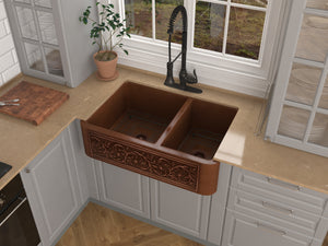Moesia Farmhouse Handmade Copper 33 in. 60/40 Double Bowl Kitchen Sink with Floral Design in Polished Antique Copper