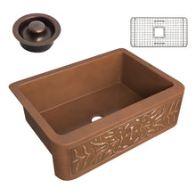Load image into Gallery viewer, Florina Farmhouse Handmade Copper 30 in. 0-Hole Single Bowl Kitchen Sink with Flower Design Panel in Polished Antique Copper