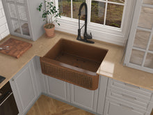 Load image into Gallery viewer, Edessa Farmhouse Handmade Copper 30 in. 0-Hole Single Bowl Kitchen Sink with Weave Design Panel in Polished Antique Copper