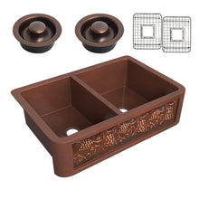 Load image into Gallery viewer, Dalmatia Farmhouse Handmade Copper 33 in. 40/60 Double Bowl Kitchen Sink with Grape Vine Design in Polished Antique Copper