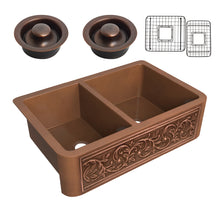 Load image into Gallery viewer, Moesia Farmhouse Handmade Copper 33 in. 60/40 Double Bowl Kitchen Sink with Floral Design in Polished Antique Copper