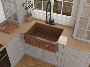 Florina Farmhouse Handmade Copper 30 in. 0-Hole Single Bowl Kitchen Sink with Flower Design Panel in Polished Antique Copper