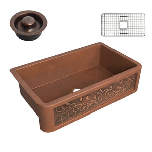 Mytilene Farmhouse Handmade Copper 36 in. 0-Hole Single Bowl Kitchen Sink with Floral Design Panel in Polished Antique Copper