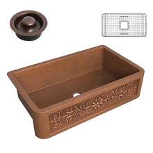 Load image into Gallery viewer, Thracian Farmhouse Handmade Copper 36 in. 0-Hole Single Bowl Kitchen Sink with Flower Design Panel in Polished Antique Copper