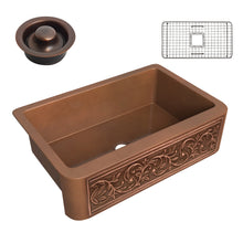 Load image into Gallery viewer, Tripolis Farmhouse Handmade Copper 33 in. 0-Hole Single Bowl Kitchen Sink with Floral Design Panel in Polished Antique Copper