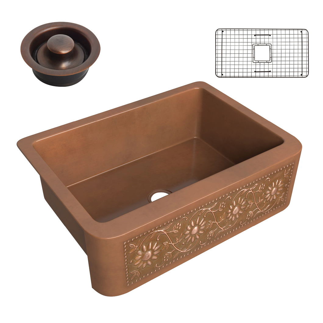 Cilicia Farmhouse Handmade Copper 30 in. 0-Hole Single Bowl Kitchen Sink with Daisy Design Panel in Polished Antique Copper